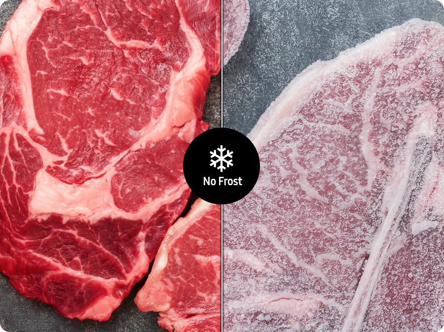 Meat on the left appears fresh without frost with the No Frost feature, while meat on the right is frozen.