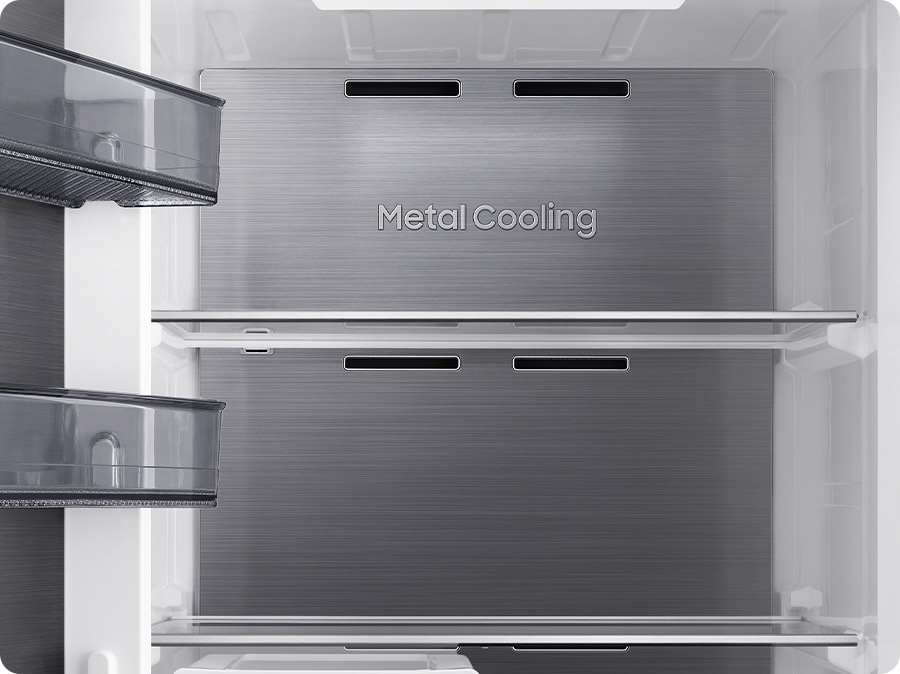 Metal cooling plates are visible inside the refrigerator.