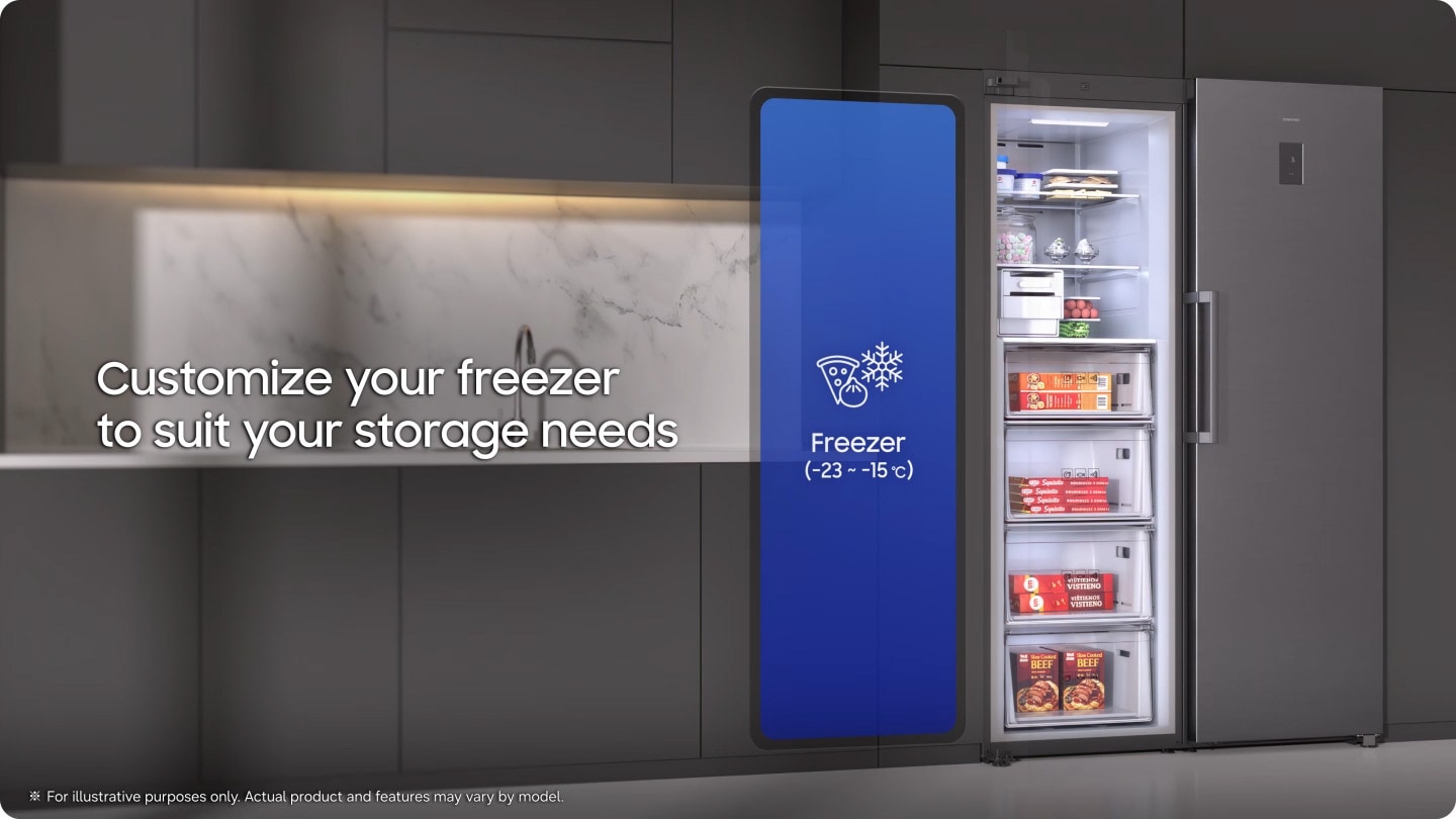 The fridge and freezer are installed in the kitchen, with the freezer door open. Customize your freezer to suit your storage needs. Freezer (-23 to -15°C), Soft Freeze (-5°C), Cold (-1°C), and Fridge (1 to 7°C). Flexible 4 modes from freezer to fridge. Full-Flex Convertible. ※ For illustrative purposes only. Actual product and features may vary by model.