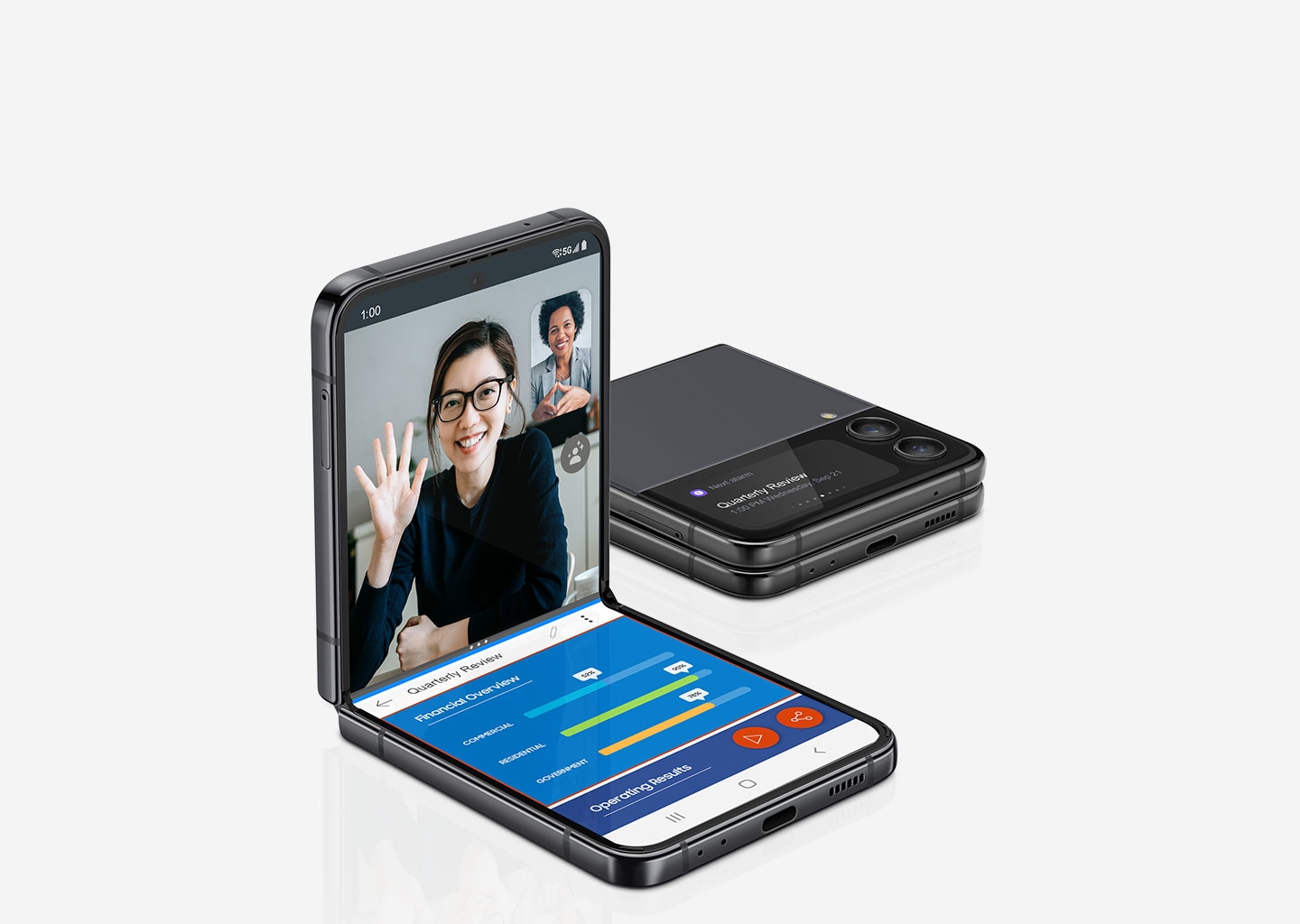 Two Galaxy Flip4 phones next to each other. One folded, the other being half unfolded
