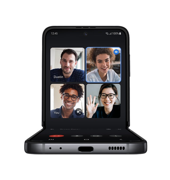 Galaxy Z Flip4 in FlexCam mode shows a video call with four participants on the Main Screen.