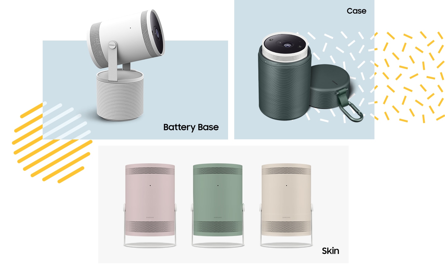 Image displaying the Battery Base, Case and Skin accessories available for The Freestyle.