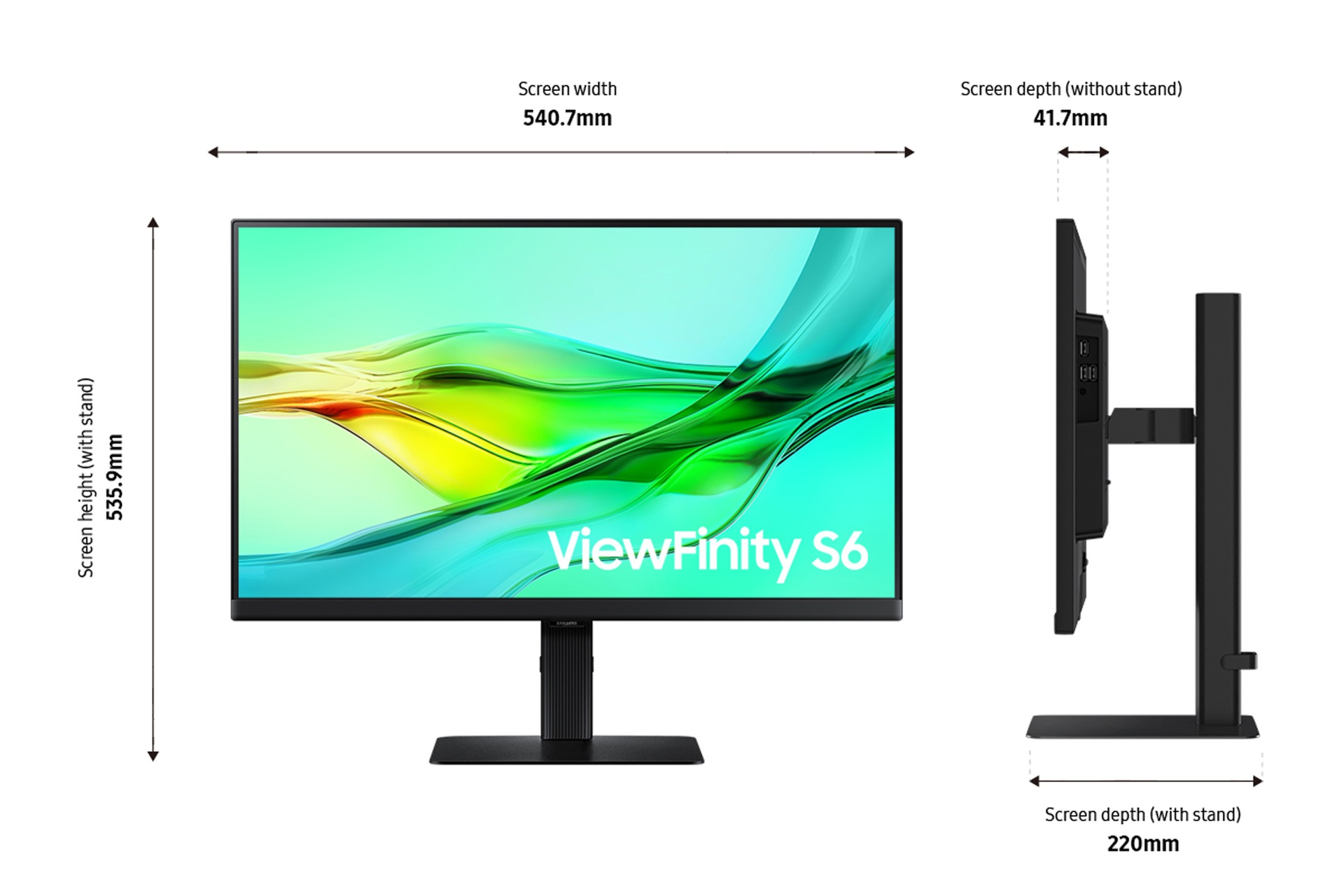 Dimension of 24 inch Samsung ViewFinity S60UD (535.9 x 540.7 x 220.0 mm) with black stand, and screen depth of 41.7 mm without stand.