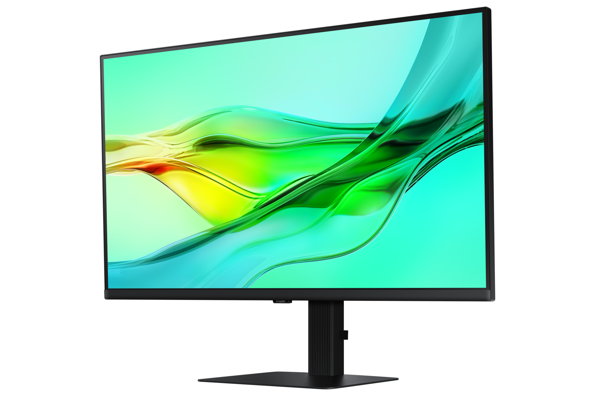 Front-right perspective of 32 inch Samsung ViewFinity S60UD with green wave on screen.