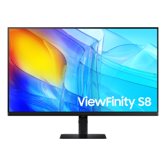 Front of 32 inch Samsung ViewFinity S80D with blue wave on screen.