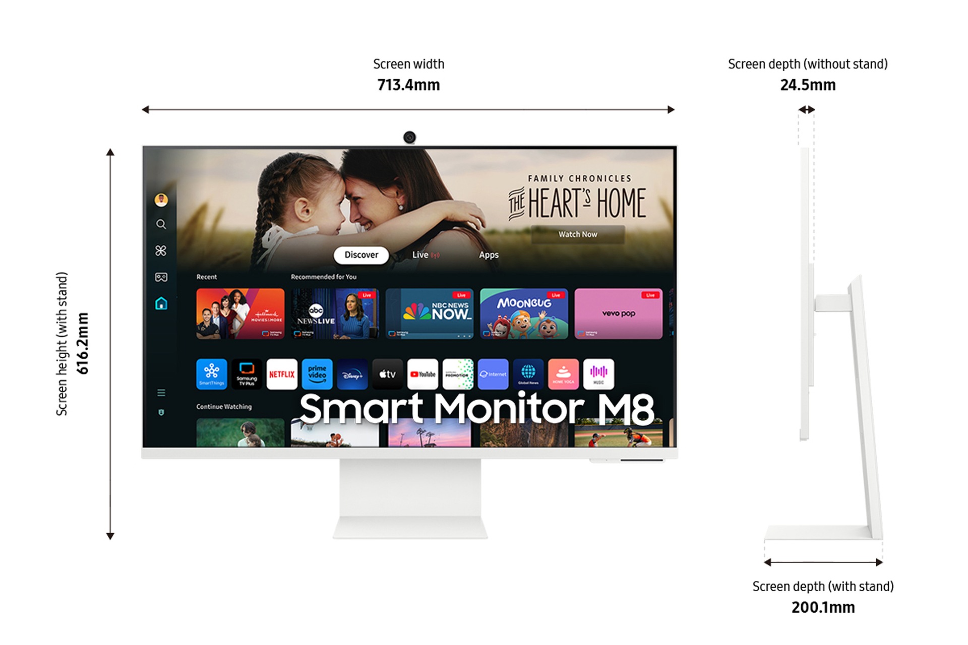 Dimension of  Samsung Smart Monitor M80D (713.4 x 616.2 x 200.1 mm) with white stand, and  screen depth of 24.5mm without stand.