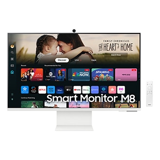 Front of Samsung Smart Monitor M80D with Smart TV Apps on screen, with Slimfit camera, and remote control.
