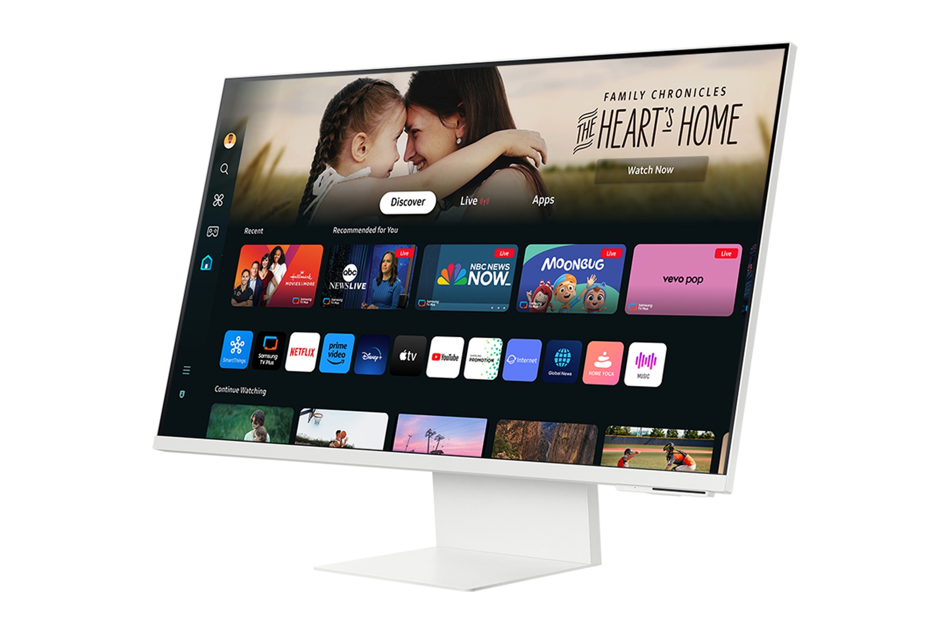 Front-right perspective of  Samsung Smart Monitor M80D with Smart TV Apps on screen.