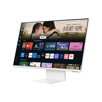 Front-right perspective of  Samsung Smart Monitor M80D with Smart TV Apps on screen.