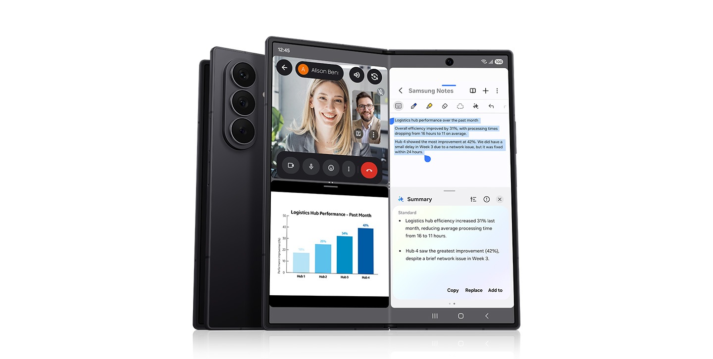 Two Galaxy Z Fold7 phones. One is slightly unfolded and seen from the rear, the other is mostly unfolded and seen from the main screen. The screen is split to show the multitasking capabilities.