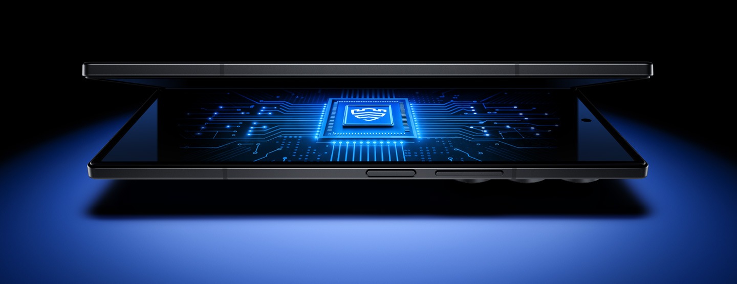 Galaxy Z Fold7 seen laying flat, slightly unfolded to reveal the main screen. A chipset with the Samsung Knox logo is illuminated.