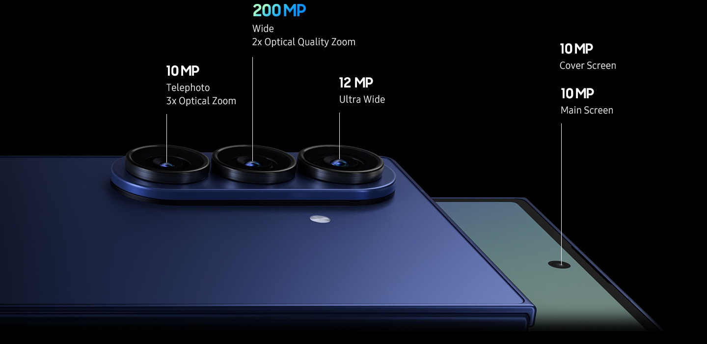 Two Galaxy Z Fold7 phones in Blue Shadow, both folded. One is seen from the rear to show the rear cameras which include 10 MP Telephoto 3x Optical Zoom, 200 MP Wide 2x Optical Quality Zoom and 12 MP Ultra Wide. The other phone is seen from the front to show the 10 MP Cover Screen and 10 MP Main Screen cameras.