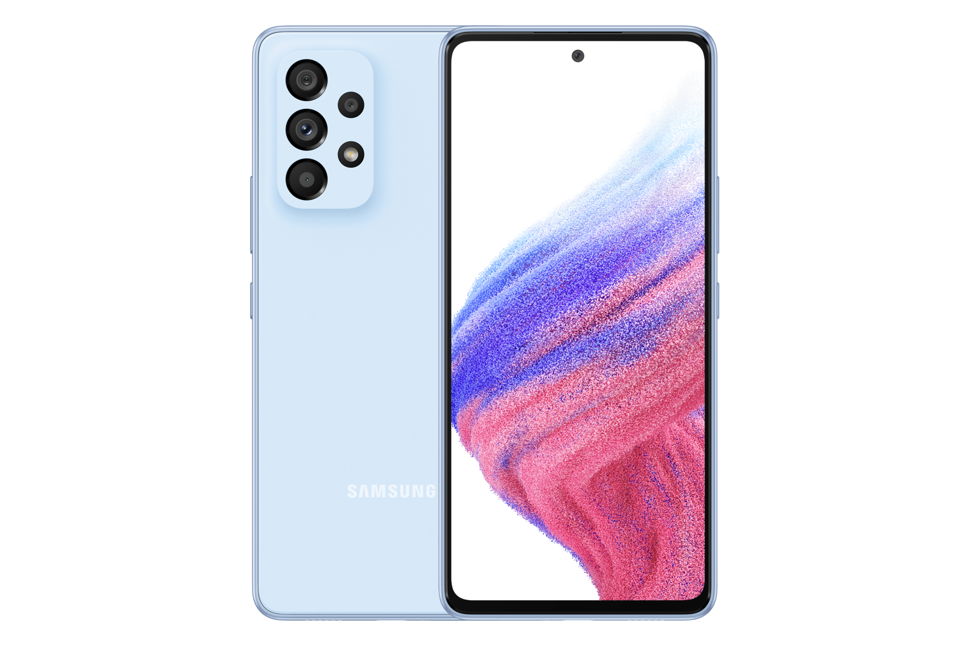 1. Galaxy A53 5G in Awesome Blue seen from the front with a colorful wallpaper onscreen. It spins slowly, showing the display, then the smooth rounded side of the phone with the SIM tray, then the matte finish and the minimal camera housing on the rear and comes to a stop at the front view again.