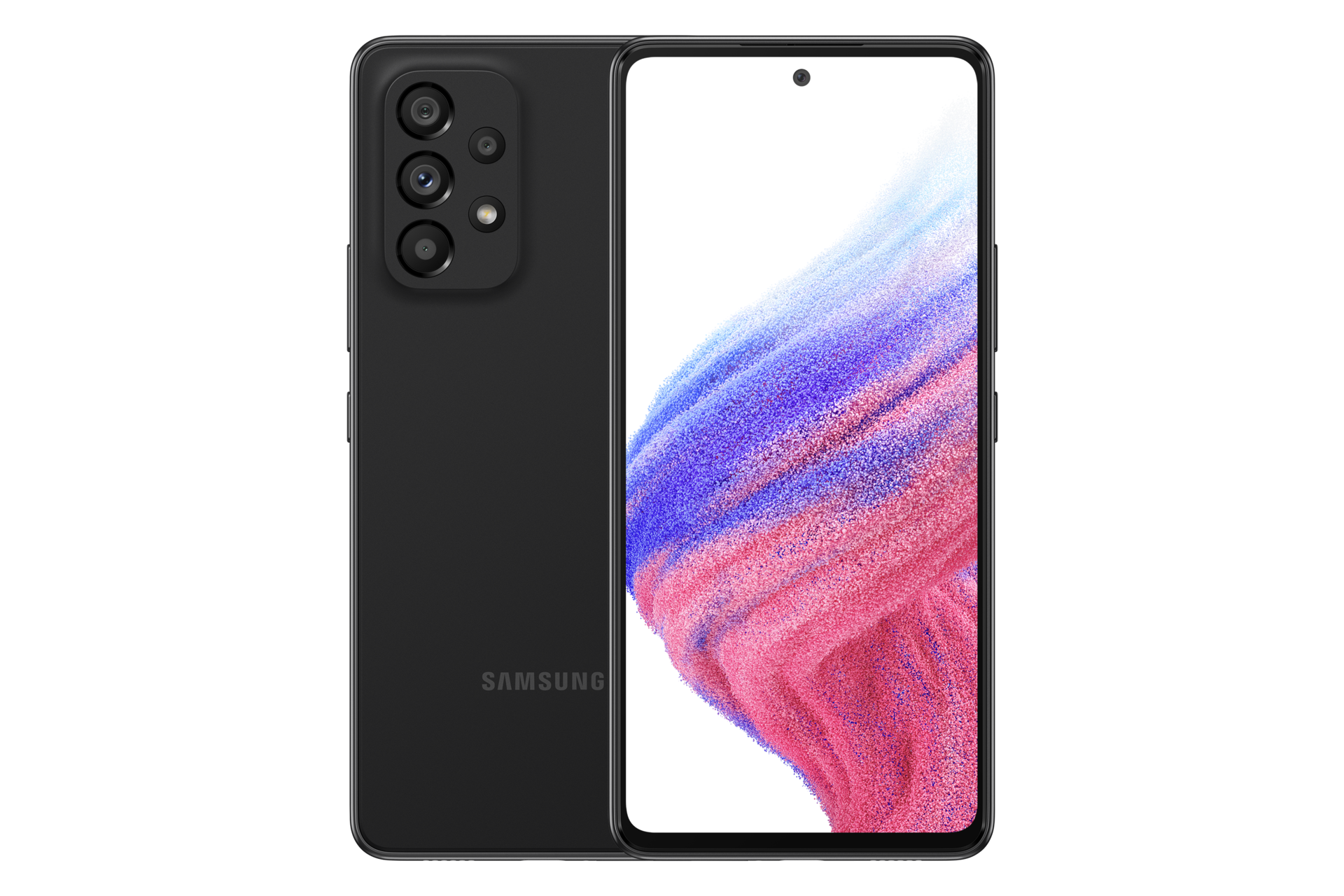 2. Galaxy A53 5G in Awesome Black seen from the front with a colorful wallpaper onscreen. It spins slowly, showing the display, then the smooth rounded side of the phone with the SIM tray, then the matte finish and the minimal camera housing on the rear and comes to a stop at the front view again.