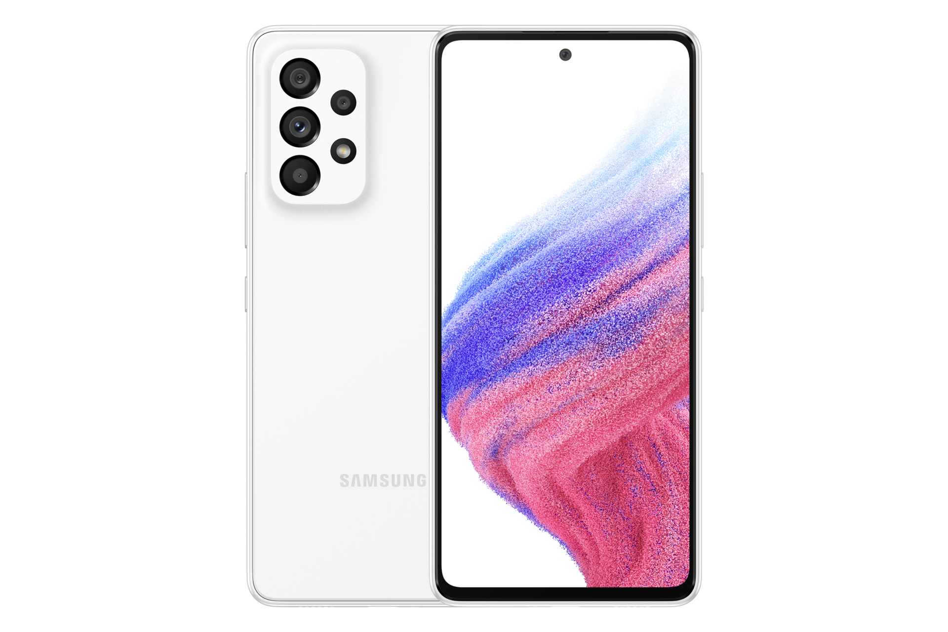 3. Galaxy A53 5G in Awesome White seen from the front with a colorful wallpaper onscreen. It spins slowly, showing the display, then the smooth rounded side of the phone with the SIM tray, then the matte finish and the minimal camera housing on the rear and comes to a stop at the front view again.