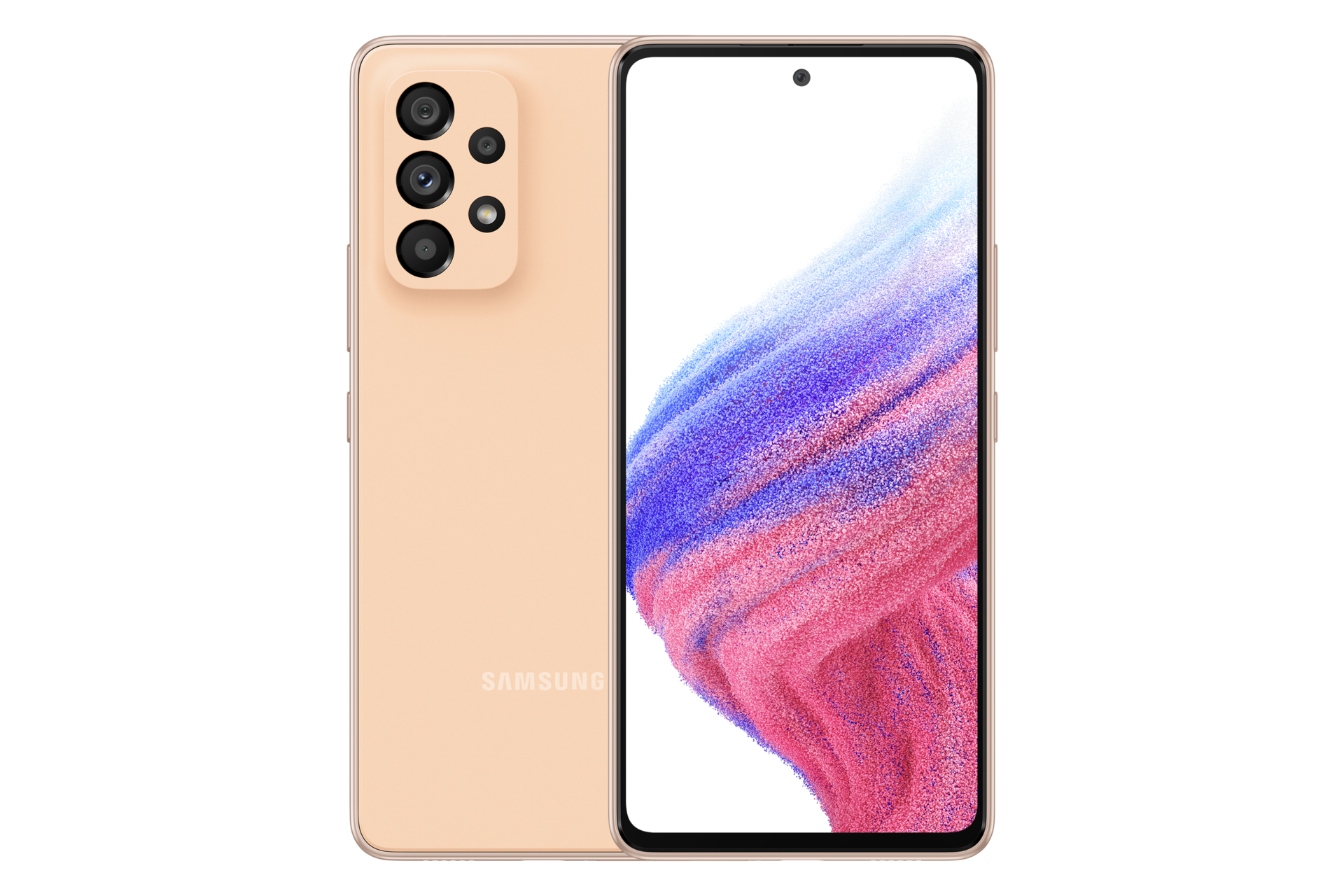 4. Galaxy A53 5G in Awesome Peach seen from the front with a colorful wallpaper onscreen. It spins slowly, showing the display, then the smooth rounded side of the phone with the SIM tray, then the matte finish and the minimal camera housing on the rear and comes to a stop at the front view again.