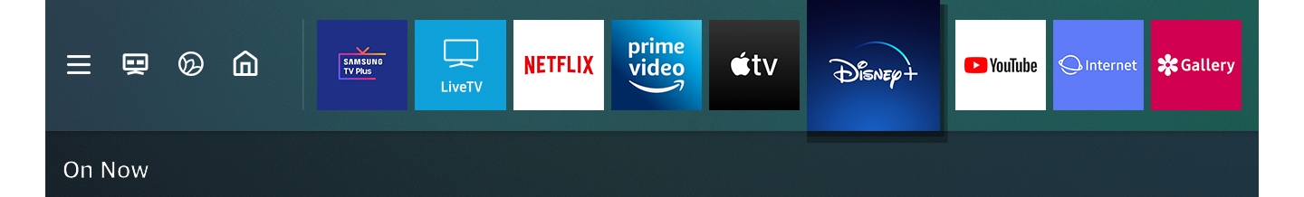 Samsung TV Smart Hub is shown, with a variety of streaming services available. Several are highlighted in brief animation, from left, we see Amazon Prime Video, Apple TV, Disney+, and YouTube.