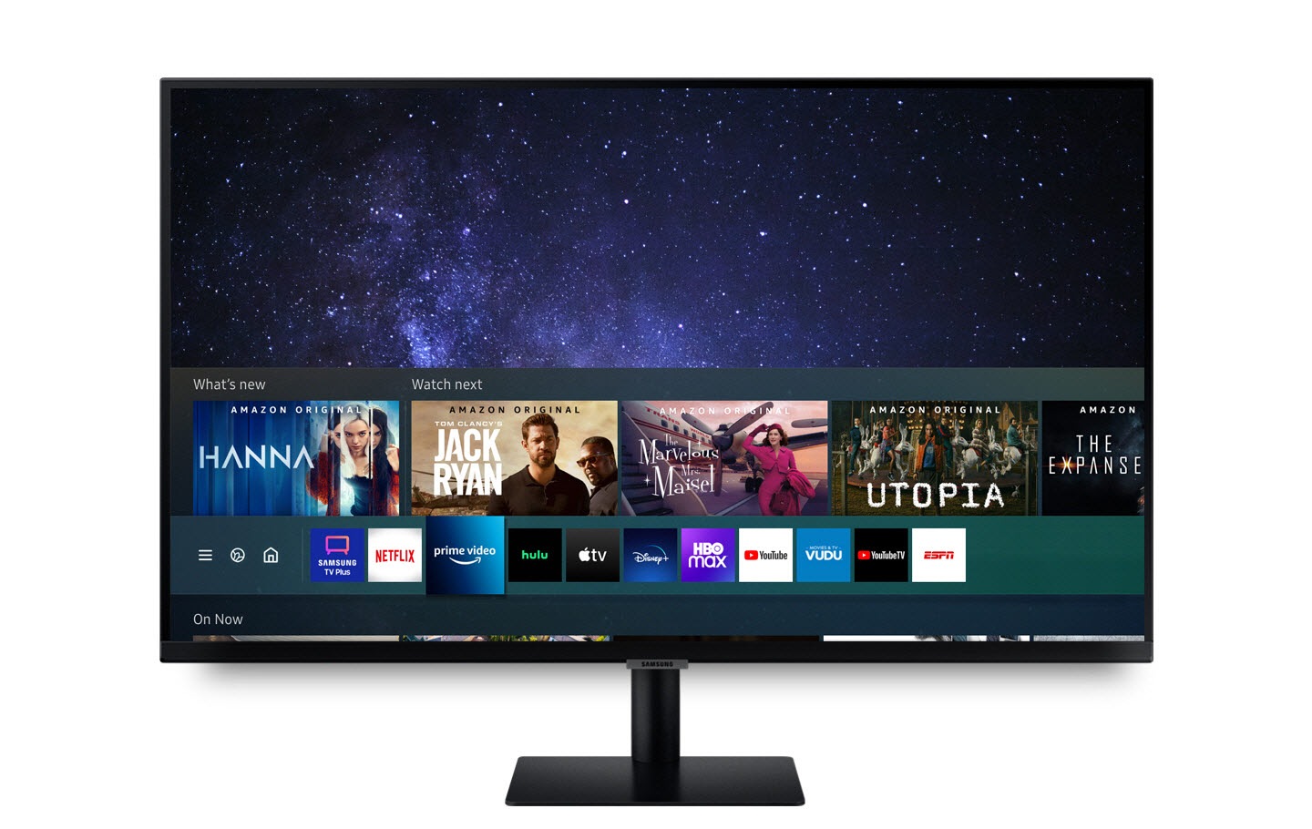 The Smart TV Apps screen is displayed on the monitor, and the Prime Video icon is selected. The screen freezes while The Marvelous Mrs. Maisel of Prime Video is playing. Part of the screen is enlarged, comparing Full HD (1920×1080) and UHD (3840×2160). The UHD (3840×2160) screen looks clearer.