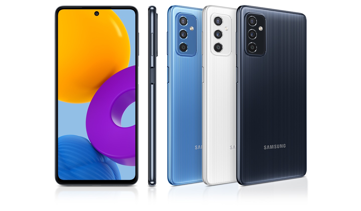 5 מכשירי Galaxy M52 5G בסך הכול מוצגים. ביניהם, המכשיר מצד שמאל פונה קדימה ובצמוד אליו, ניתן לראות רק את הצד הימני. כל השאר מציגים את גבם.