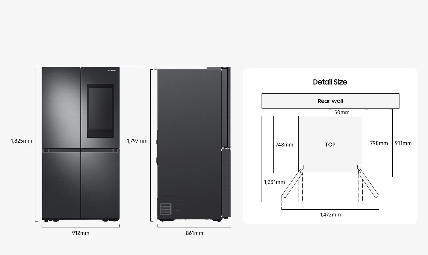 Size measurements: Height 1,825mm, width 912mm, height without hinge 1,797mm, depth 861mm, depth with doors open at a right angle 1,231mm, depth without doors 748mm, install depth 911mm, install depth without doors 798mm, width with doors open 1,472mm, distance from the rear wall 50mm.