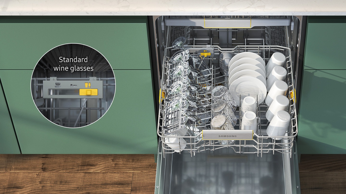 Shows the middle rack full of cups, plates and various sized glasses. A close up of the switch at the back of the rack shows that its tines have been automatically adjusted to hold standard wine glasses.