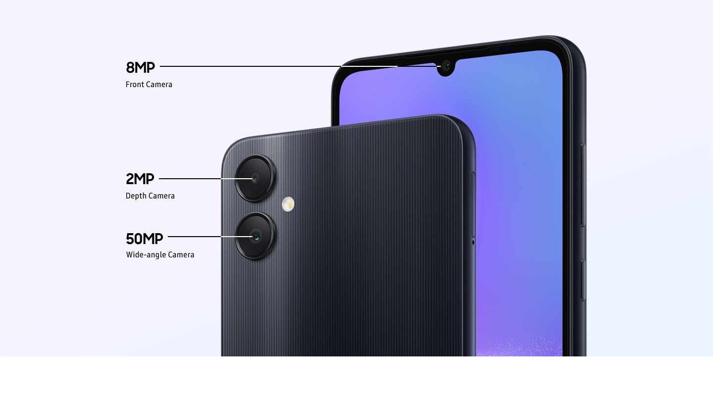 The front and back of the Galaxy A05 are shown to showcase its three multiple cameras including the 8MP Front Camera, the 2MP Depth Camera and the 50MP Wide-angle Camera.