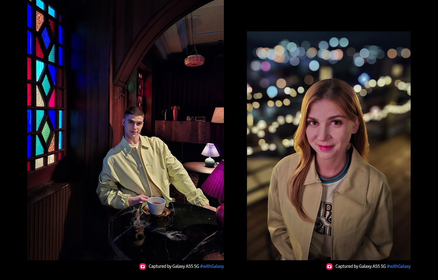 Two portraits in low-light conditions. First portrait taken with night mode: A person seated indoors by a table, with colorful stained glass windows in the background. Second portrait taken with portrait mode in low-light condition: A person standing outdoors at night, with a backdrop of soft, blurred city lights. Text reads Captured by Galaxy A55 5G #withGalaxy.