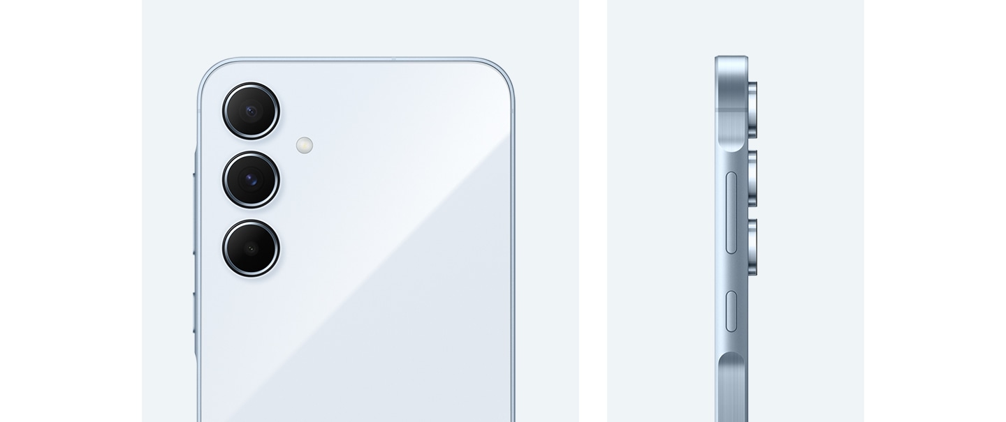 A Galaxy A55 5G in Awesome Iceblue is showing its camera layout, rear view of the camera layout, and the side view of the device.