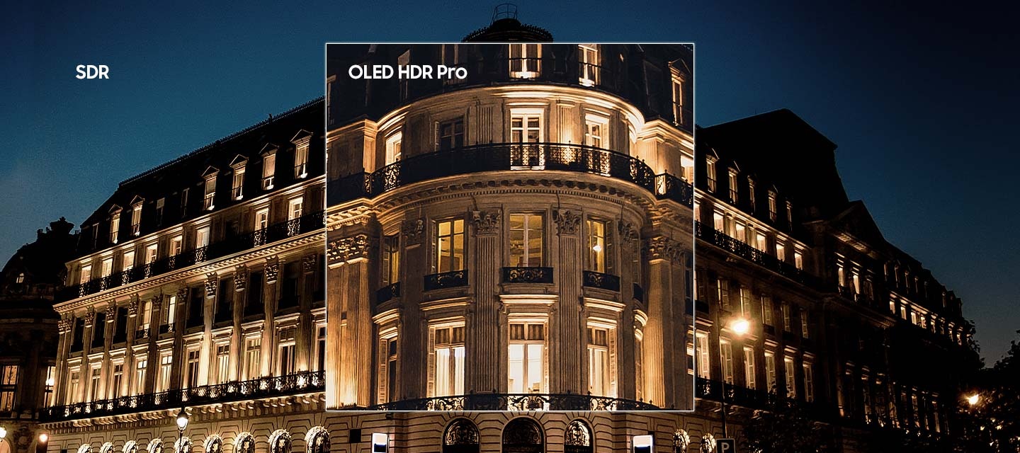 A dimly lit building in "SDR" quality is transformed by "OLED HDR Pro" technology to reveal bright highlights and hidden details that make the intricate design of the building come to life.