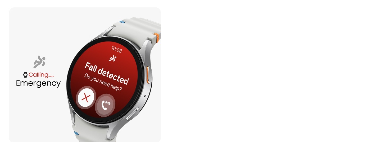 Galaxy Watch7 מציג מסך זיהוי נפילה עם הטקסט "זוהתה נפילה", ועם לחצן ביטול ולחצן שיחת SOS. לצידו מוצג הטקסט 'מתקשר... שיחת חירום", המציין שמתבצעת שיחת חירום.