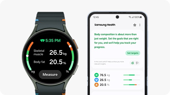 Galaxy Watch7 מציג תכונת הרכב גוף עם לחצן מדידה, וסמארטפון ה-Samsung Galaxy המצומד מציג מסך BIA מותאם אישית עם תובנות ופרטים נוספים.