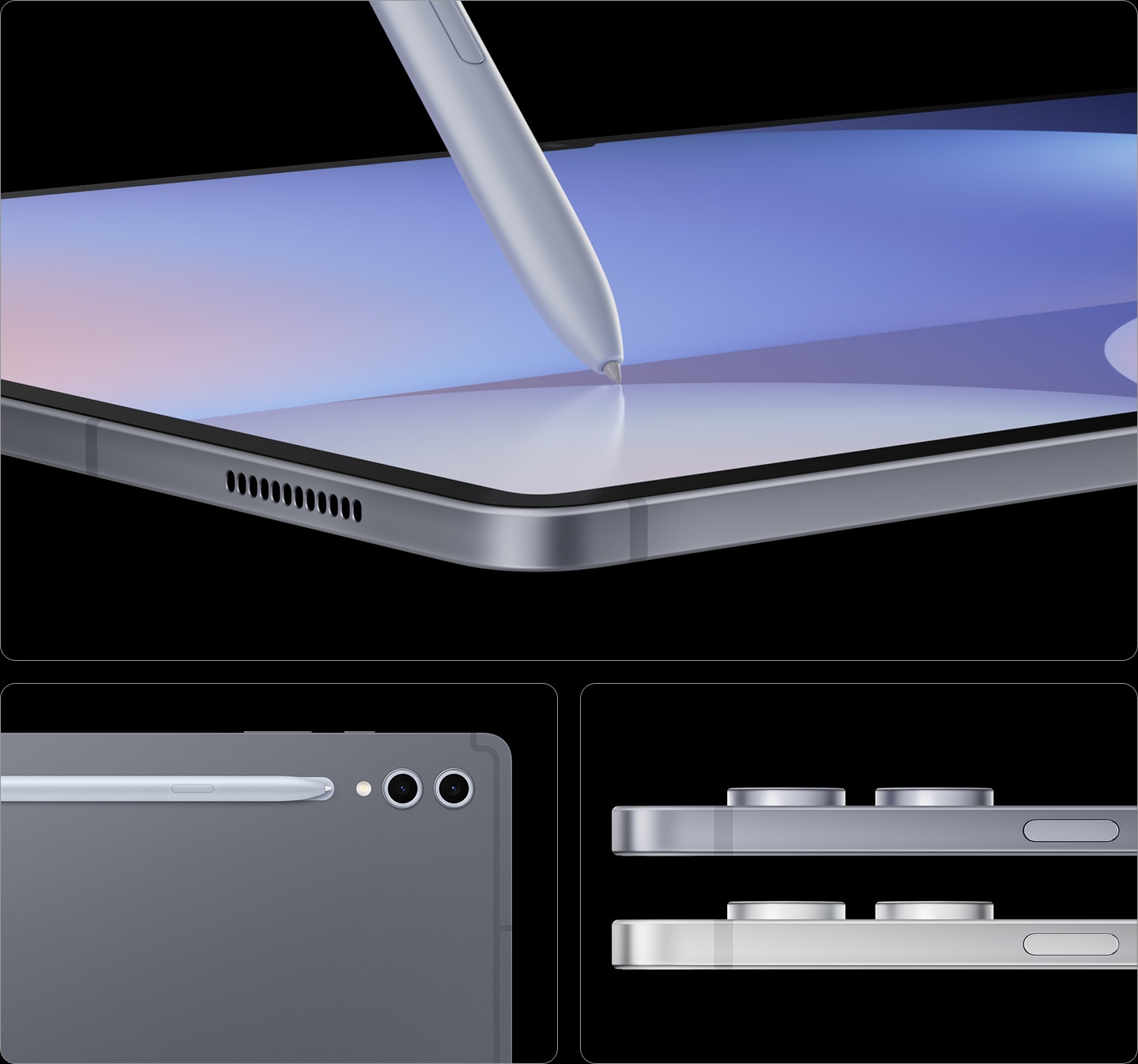 מכשיר מסדרת Galaxy Tab S10 מונח כשהוא פונה כלפי מעלה כאשר S Pen נוגע במסך הפעיל שלו. מבט מאחור על מכשיר בצבע אפור כהה, שמדגיש את המצלמה ואת ה-S Pen. מבט מהצד על שני מכשירים שמונחים אחד על גבי השני, כאשר המכשיר בצבע אפור כהה נמצא מעל המכשיר בצבע כסוף, שמציג את מערך המצלמות.