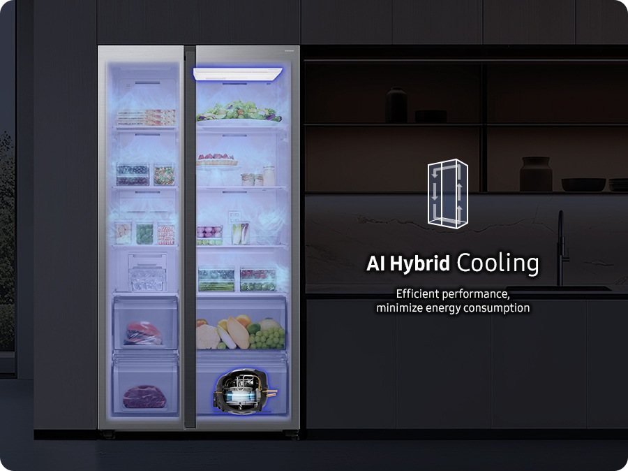 A refrigerator is installed in a modern kitchen. The inside of the refrigerator filled with cold air is seen through,and the Peltier at the top of the refrigerator and the compressor at the bottom of the refrigerator are working. AI Hybrid Cooling, Efficient performance, minimize energy consumption.