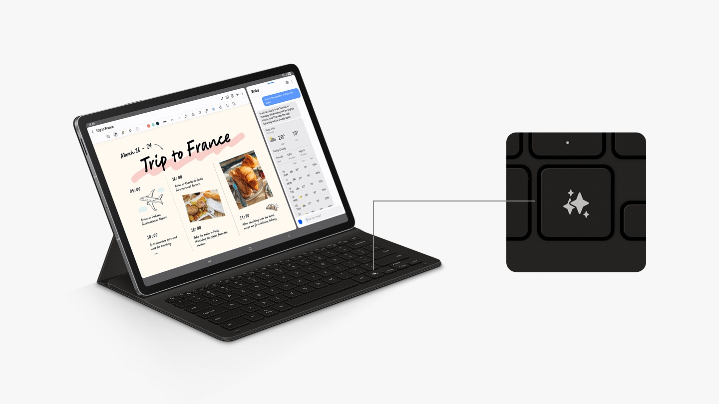 A Galaxy Tab S10 FE+ device with a Book Cover Keyboard Slim attached is angled slightly to the right. The screen in split to show a conversation with Bixby on one side. A close-up highlights Galaxy AI Key on the keyboard, showing its location.