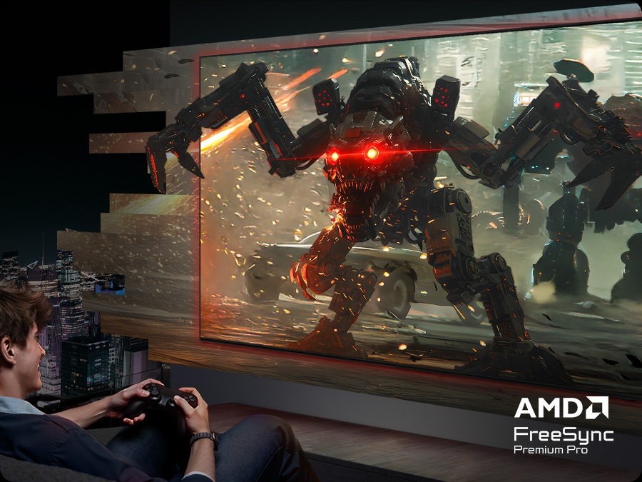 עם FreeSync, משחק הפנטזיה על המסך מוצג בבירור. ללא FreeSync, המסך נקרע. AMD FreeSync פרימיום.טלוויזיה חכמה Neo QLED QN70F 4K מבית Samsung