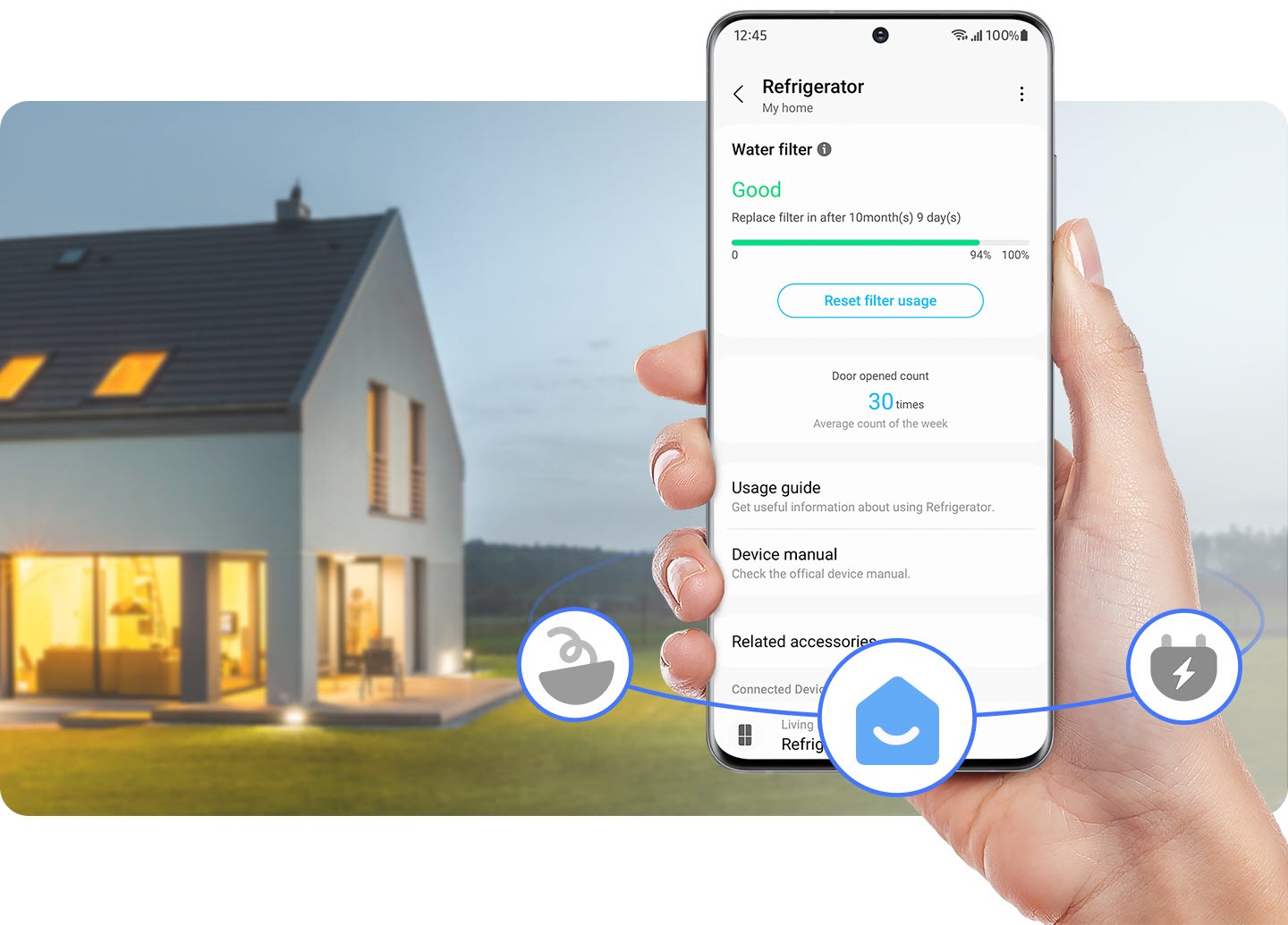 אדם משתמש ב-SmartThings Home Care ומתחזק את התפעול של המכשיר.