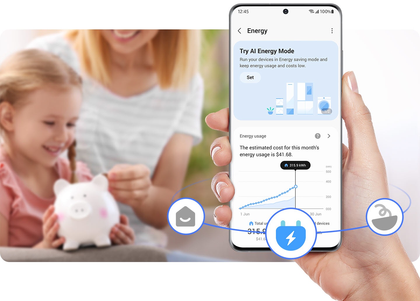אדם משתמש ב-SmartThings Energy ובודק את השימוש באנרגיה. 