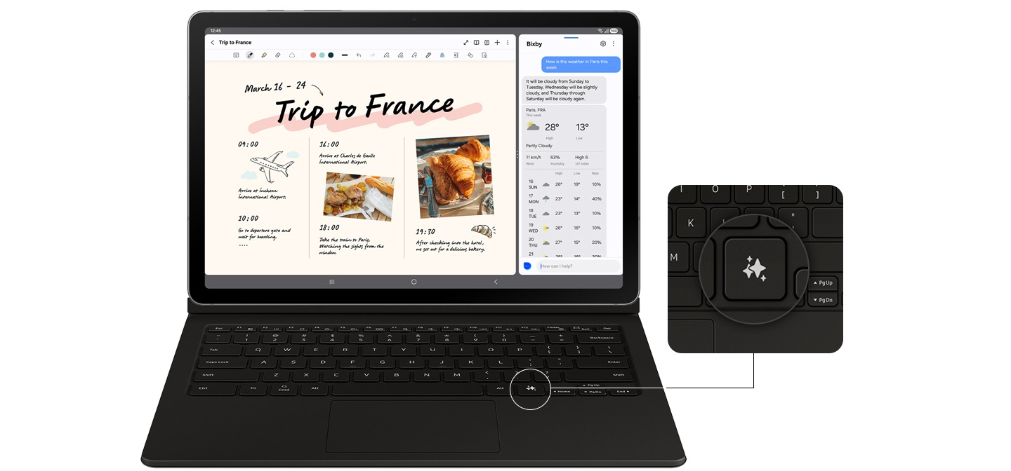 מכשיר Galaxy Tab S10 Lite המחובר ל-Book Cover Keyboard מציג את אפליקציית Notes על המסך. המסך מפוצל כדי להציג שיחה עם Bixby בצד אחד. צילום תקריב מדגיש את מקש ה-Galaxy AI במקלדת ומציג את מיקומו.