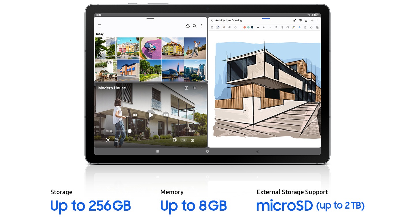 Galaxy Tab S10 Lite מציג את התצוגה הגדולה שבה פתוחות אפליקציות Gallery, נגן וידאו ו-Samsung Notes במקביל, כדי להדגים ריבוי משימות חלק עם נפח זיכרון ואחסון רחב לשמירה על אפליקציות מרובות פתוחות בצורה חלקה. מופיע הטקסט "נפח אחסון עד 256GB, נפח זיכרון עד 8GB,‏ תמיכה באחסון חיצוני עם microSD (עד 2TB)".