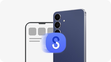 מכשיר Samsung Galaxy S25 FE בצבע כחול מוצג מול קווי מתאר של מסך טלפון נוסף. בחזית מוצג סמל של Smart Switch שמציין העברת נתונים.