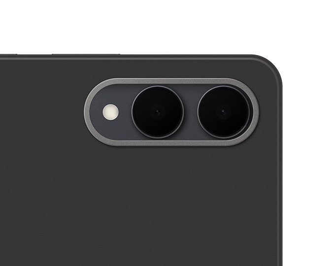 A close-up of black Book Cover for Galaxy Tab S11 Ultra with a sleek back design featuring a metal trim around two rear cameras.