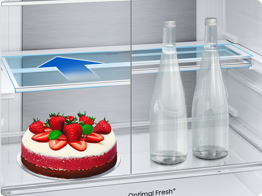 There are arrows to indicate that the shelf slides half its width into the refrigerator. So you can store not only pie also tall bottles on the shelf.