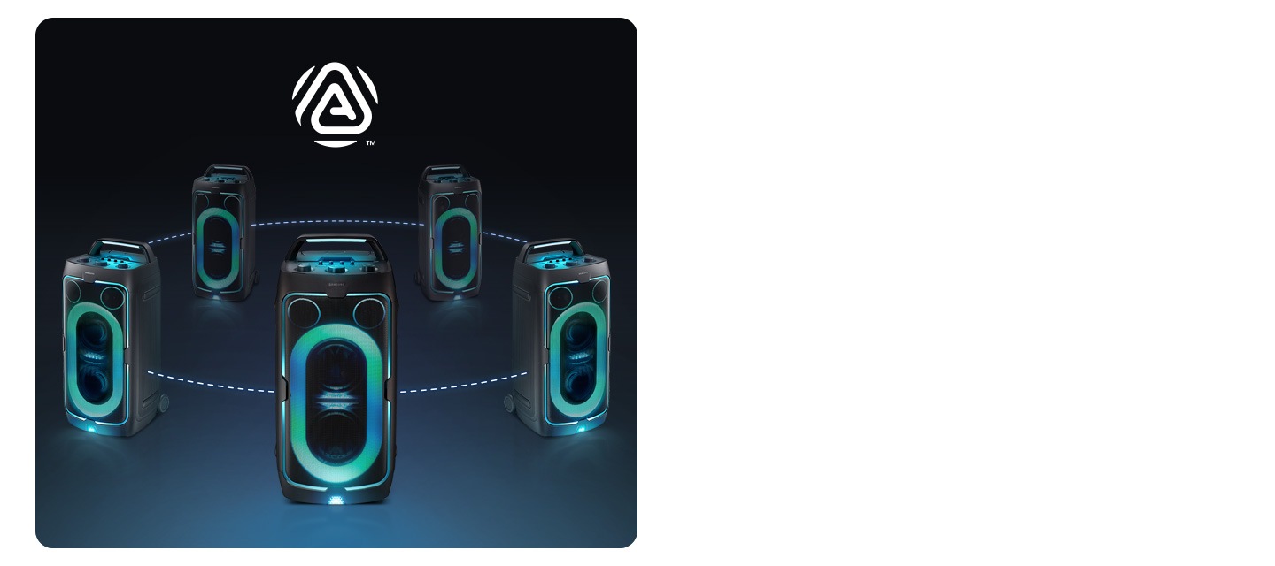 חמישה רמקולים מסוג Sound Tower של Samsung עם קווים מקווקווים לציון הפעלה קבוצתית דרך Auracast. הלוגו של Auracast.