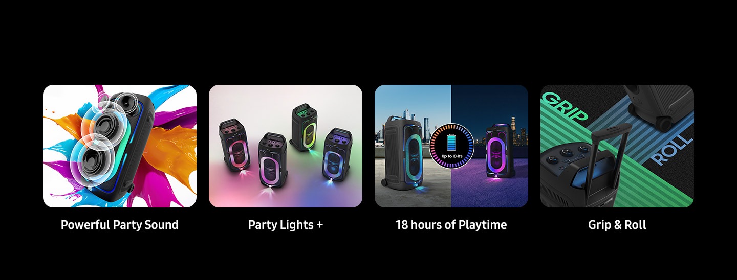 Powerful Party Sound, Party Lights +, up to 18 hours of playtime and Grip & Roll are shown as the 4 key features of the Samsung Sound Tower ST50F.