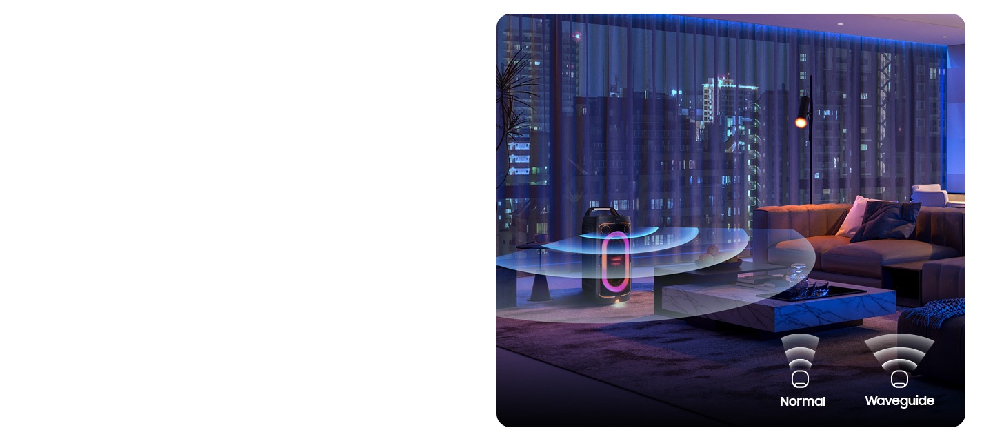 מוליך הגלים ב-Sound Tower של Samsung מפזר שמע באופן שווה בסלון. הסמלים מראים שטווח מוליך הגלים רחב יותר מהרגיל.