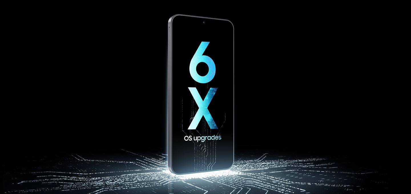 A Galaxy A18 device stands upright on top of a luminescent chip circuit that continues up the screen, which shows '6X OS upgrades'.