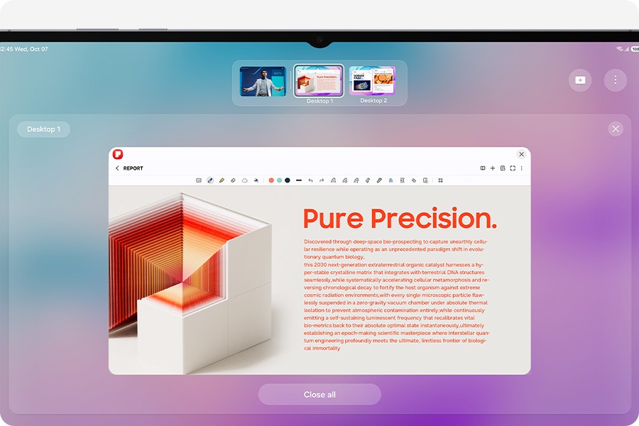 Galaxy Tab S12 Ultra with Samsung DeX feature open with multiple workspaces shown at the top of the screen to highlight the PC-like multitasking environment.