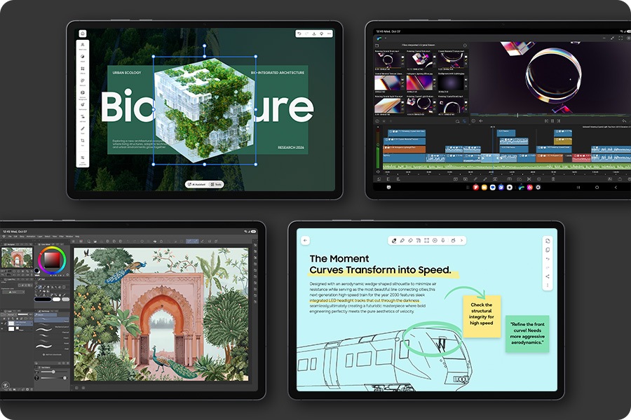 Four Galaxy Tab S12 Plus devices shown in landscape mode with a different app open on each screen - Photoshop, LumaFusion, Clip Studio Paint and Notability, showcasing the various experiences available to enhance your creativity.