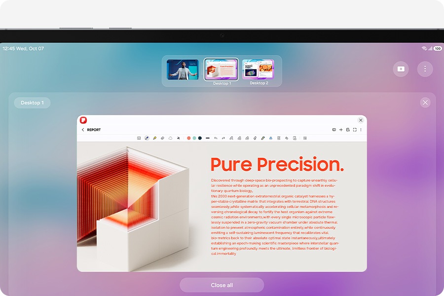 Galaxy Tab S12 Plus with Samsung DeX feature open with multiple workspaces shown at the top of the screen to highlight the PC-like multitasking environment.