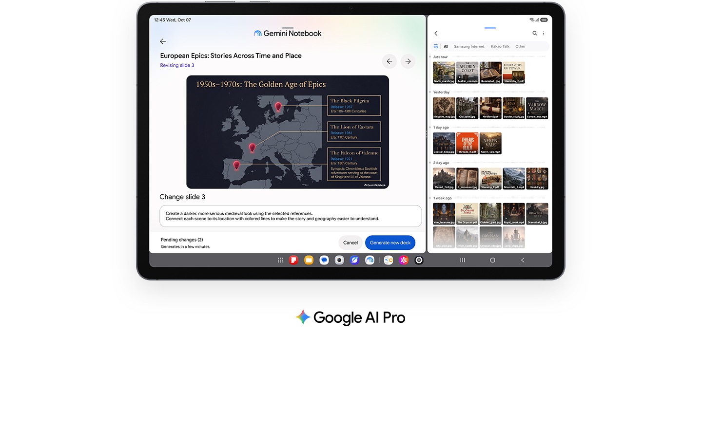 Galaxy Tab S12 Plus in landscape mode with Gemini Notebook open on the left side of the screen and an AI prompt being used to generate and edit a Slide Deck on the topic of medieval history. On the right side of the screen, various file thumbnails are shown in the Files app, which can be uploaded into Gemini Notebook to create content. Google AI Pro logo.